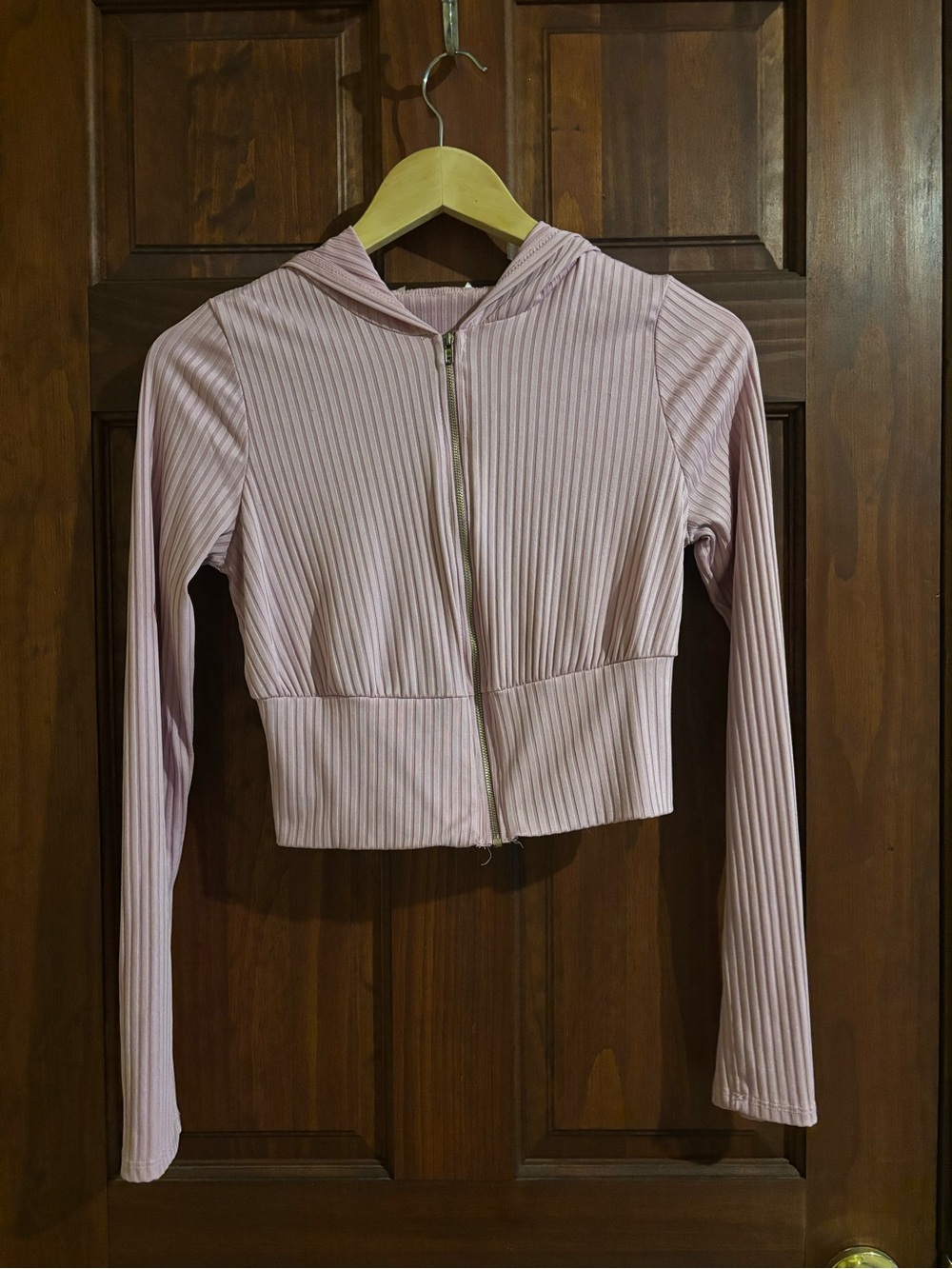 Blue Blush Light Pink Ribbed Zip Hooded Crop Top